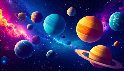 Colorful planets in vibrant space