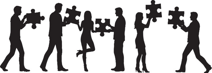 Team Collaboration Silhouettes with Puzzle Pieces Business Solution Concept
