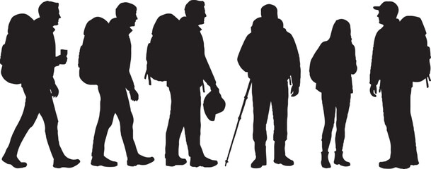 Diverse Group of Outdoor Hikers Backpackers and Trekkers Silhouettes
