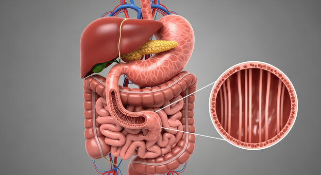 A medically accurate illustration of the human upper digestive system, showing the liver, stomach, pancreas, and intestines. A concept for anatomy, gastroenterology, and human biology education.