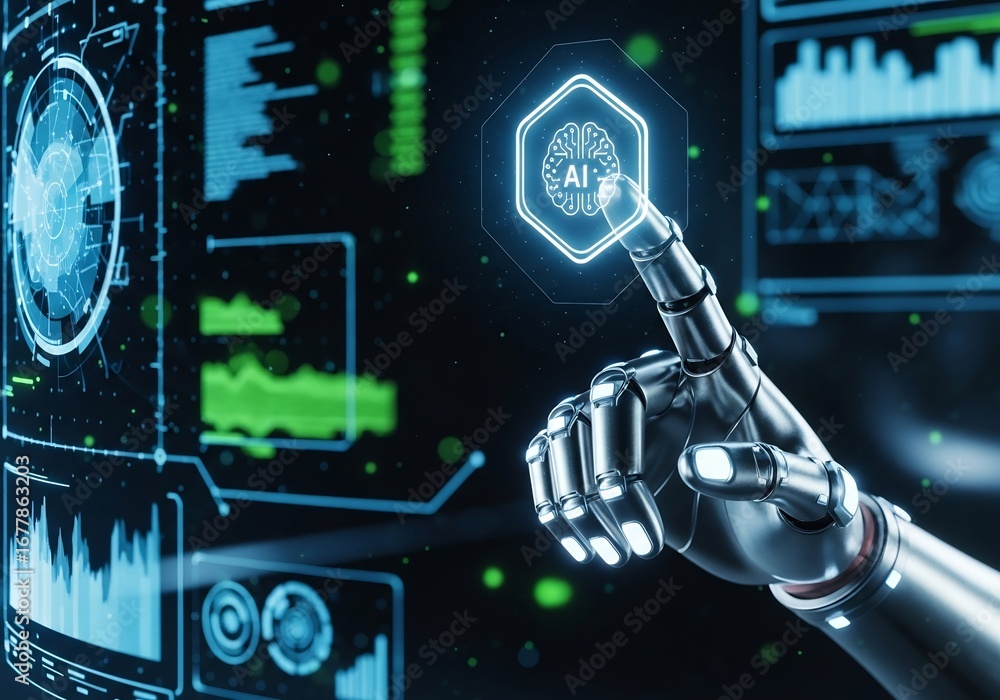Poster robotic hand engaging with data visualizations in a futuristic environment