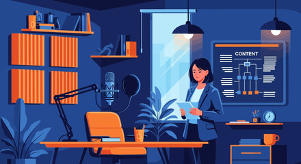 Professional content creator managing strategy in podcasting studio scene