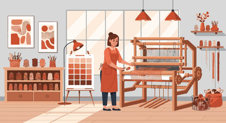 Artisan weaving textiles in a serene studio adorned with artistic elements