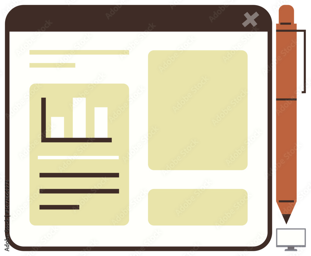 Poster browser window displays chart, text blocks, and grid layout alongside a pen and computer icon. ideal