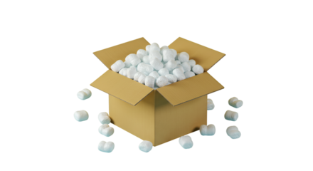 An overflowing cardboard box joyfully brimming with puffy white packing peanuts against a stark