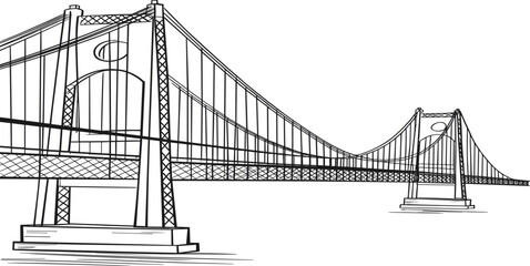 Suspension bridge line art drawing, architectural vector sketch, black and white bridge design, engineering structure, urban construction, detailed illustration