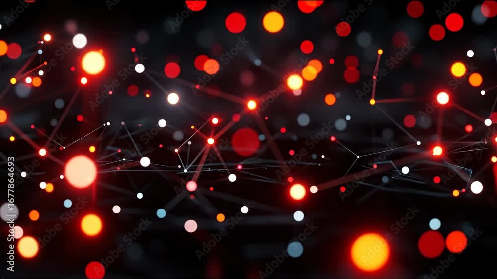 Poster glowing red nodes connected by lines over blurred lights on dark background