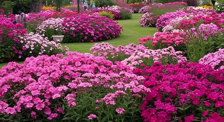 Vibrant floral landscape showcasing diverse pink phlox blooms in a tranquil garden setting