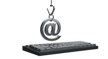 Enticing email phishing bait above keyboard with metallic textures against a stark black background