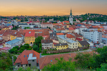 Fototapeta premium Sunset panorama of old town of Trebic in Czech republic