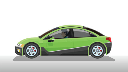 Concept vector illustration of detailed side of a flat soft green sedan car. with shadow of car on reflected from the ground below. can view interior of car with driver man.