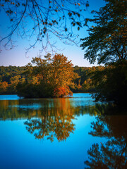 Eagleville Pond sunrise landscape in early autumn over the Willimantic River in Coventry, Connecticut