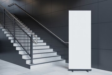 A blank white banner stands near a staircase with metal railings against a dark tiled wall space here