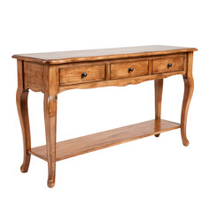 Light brown wooden console table with three drawers.