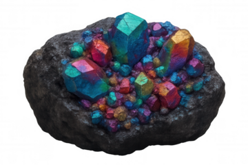 Iridescent bismuth crystals gleaming with metallic rainbow hues clustered on dark stone surface