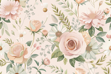 Elegant floral pattern with roses and daisies for a soft, romantic wallpaper or fabric design project
