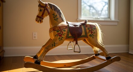 黄金色木馬 優しい光浴びて揺れる 懐かしい温もり. AI Generated