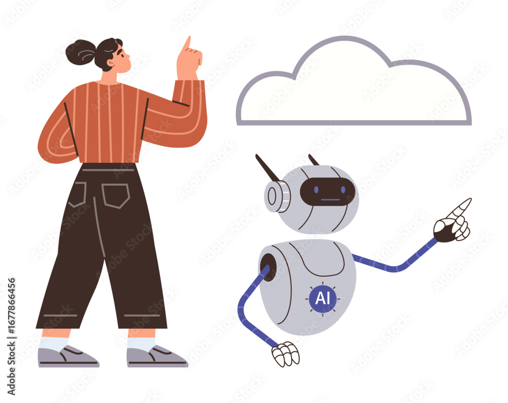 Aufkleber person interacting with ai robot pointing towards a cloud. ideal for innovation, technology, collabo