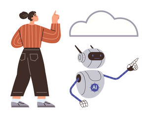 Person interacting with AI robot pointing towards a cloud. Ideal for innovation, technology, collaboration, AI, cloud computing, teamwork, futuristic concepts. Simple flat metaphor