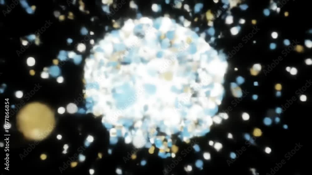 Poster abstract brain visualization with light blue and golden particles on black background representing i