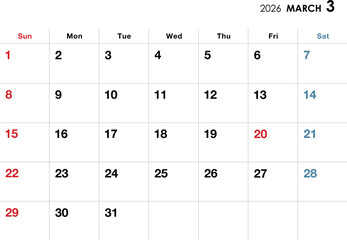 2026年3月カレンダー　epa　横向き