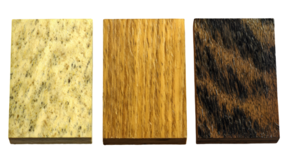 Samples of various surface finishes displayed against a black background.