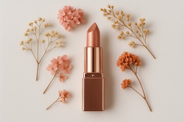 Peach nude lipstick with dried flowers flat lay