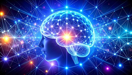 Obraz premium Artificial intelligence concept with human profile silhouette and glowing digital brain neural network