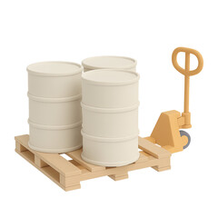 Isolated transparent pallet jack with industrial barrels PNG illustration minimalist 3D style | pallet jack with industrial barrels PNG die-cut for advertising