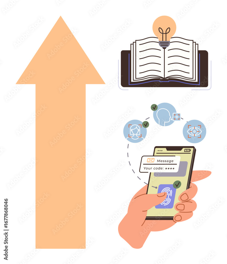 Poster hand verifying biometric fingerprint on smartphone with digital code. open book with lightbulb and u