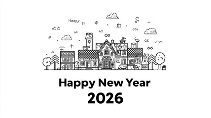 ポップで親しみやすいデザインが特徴の新年イラスト。2026年を祝う『HAPPY NEW YEAR』のメッセージと色とりどりの星や飾りが描かれており、年賀状、ポスター、プレゼン資料やSNSバナーに幅広く使える明るい印象の素材