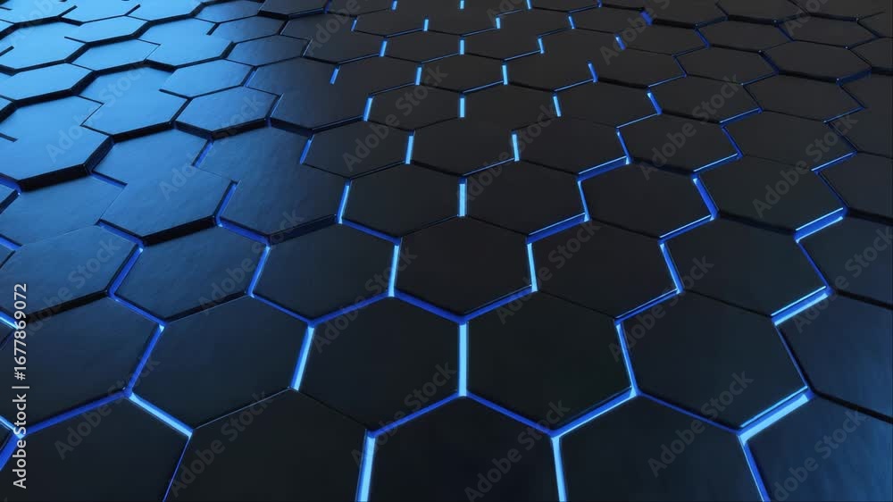 Poster a stunning 3d rendering of a hexagonal honeycomb pattern with glowing blue lights.