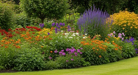 Vibrant Summer Flower Bed in a Lush Garden.