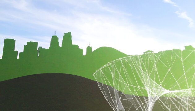 City skyline with abstract green and white shapes