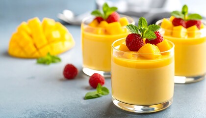 Mango and raspberry dessert in glasses