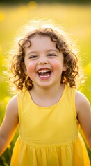 Joyful girl in a yellow dress amidst a field