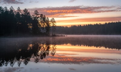 Misty lake sunrise reflecting colorful sky