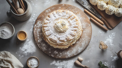 Overhead View of a Puff Pastry Cake with Cream Filling and Powdered Sugar