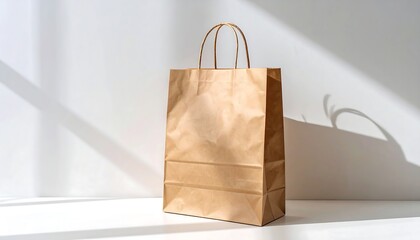 A simple brown paper shopping bag casting a shadow against a white wall in a studio lighting setup