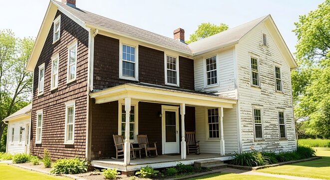 Weathered Colonial Style Home with a Front Porch.