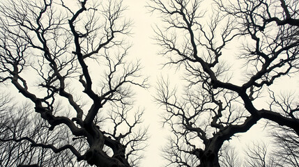 Fototapeta premium Dark, skeletal tree branches stretch towards the top of the frame, their tangled limbs starkly contrasting with the serene, creamy white background.