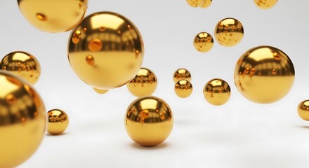 Golden spheres floating on a white background
