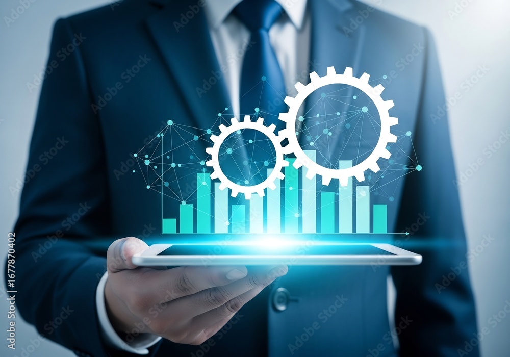 Poster data analysis with graphs and gears on tablet in modern office environment