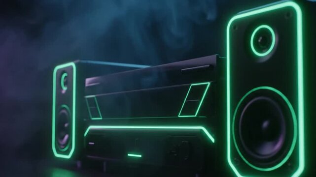 Large Professional Speaker System Illuminated in Dark Environment with Purple Lighting