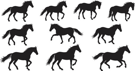 Running horse silhouette set featuring nine dynamic galloping poses, vector illustration for equine motion study, wildlife, nature, sport, and animation themes