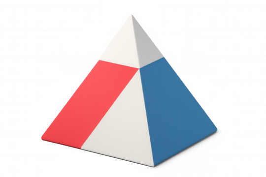 Red, white, and blue pyramid chart symbolizing data analysis and strategic planning on a transparent background, ideal for presentations and reports