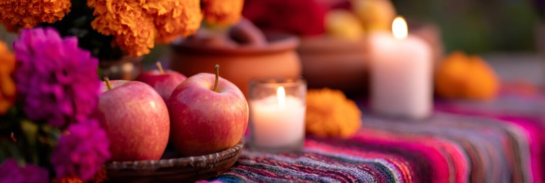 Day of the Dead celebration with marigold flowers, apples, and candles on a colorful sarape. Mexican holiday for honoring ancestors.