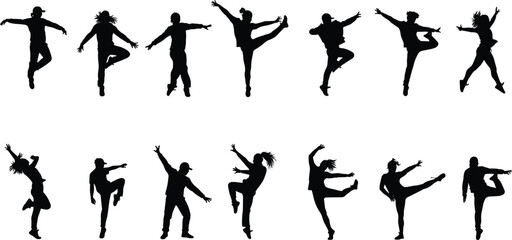 Silhouette of Dancers in Various Poses, Jumping, Twisting, and Kicking, Perfect for Dance, Fitness, and Movement Vector Art