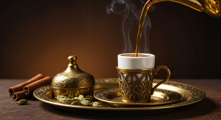 Fototapeta premium Lebanese coffee, strong aromatic brew served in traditional brass pot with cups, Middle Eastern hospitality concept, perfect for cultural articles, travel blogs, or packaging