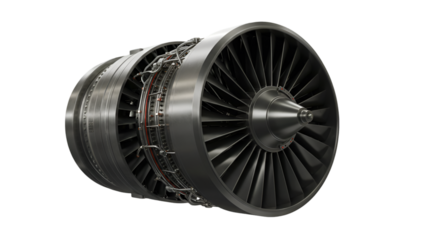 Intricate power of a modern turbine engine ready for flight shining in neutral light on a dark